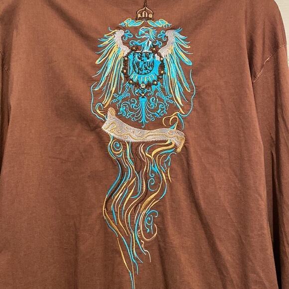 APRICOTTREE Men long sleeve shirt gorgeous blue and gold embroidery stretchy L - Picture 6 of 9